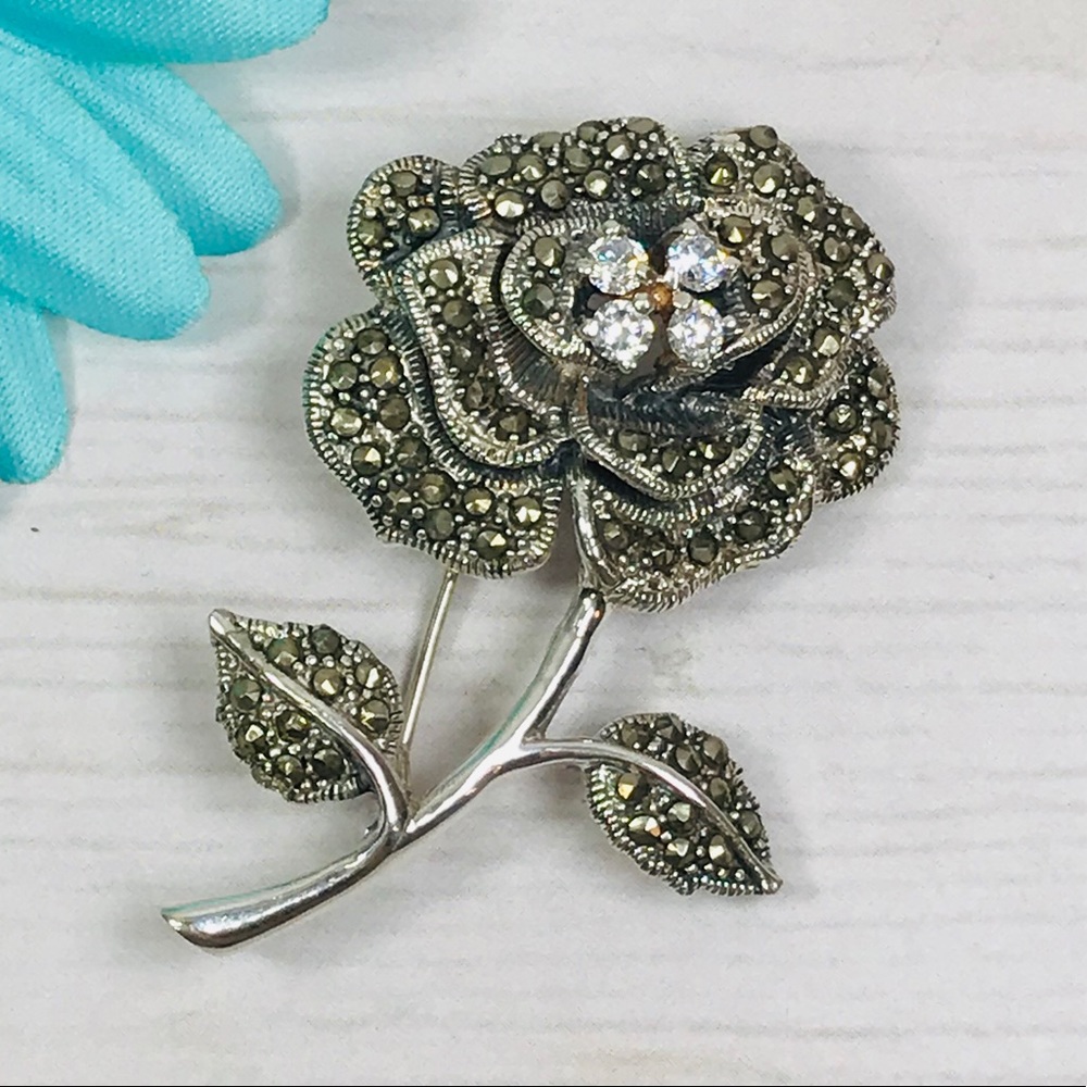 Marcasite Rose Brooch CZ Sterling Silver
